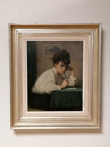 Helge Helme maleri olie på lærred ung pige med 
blyant